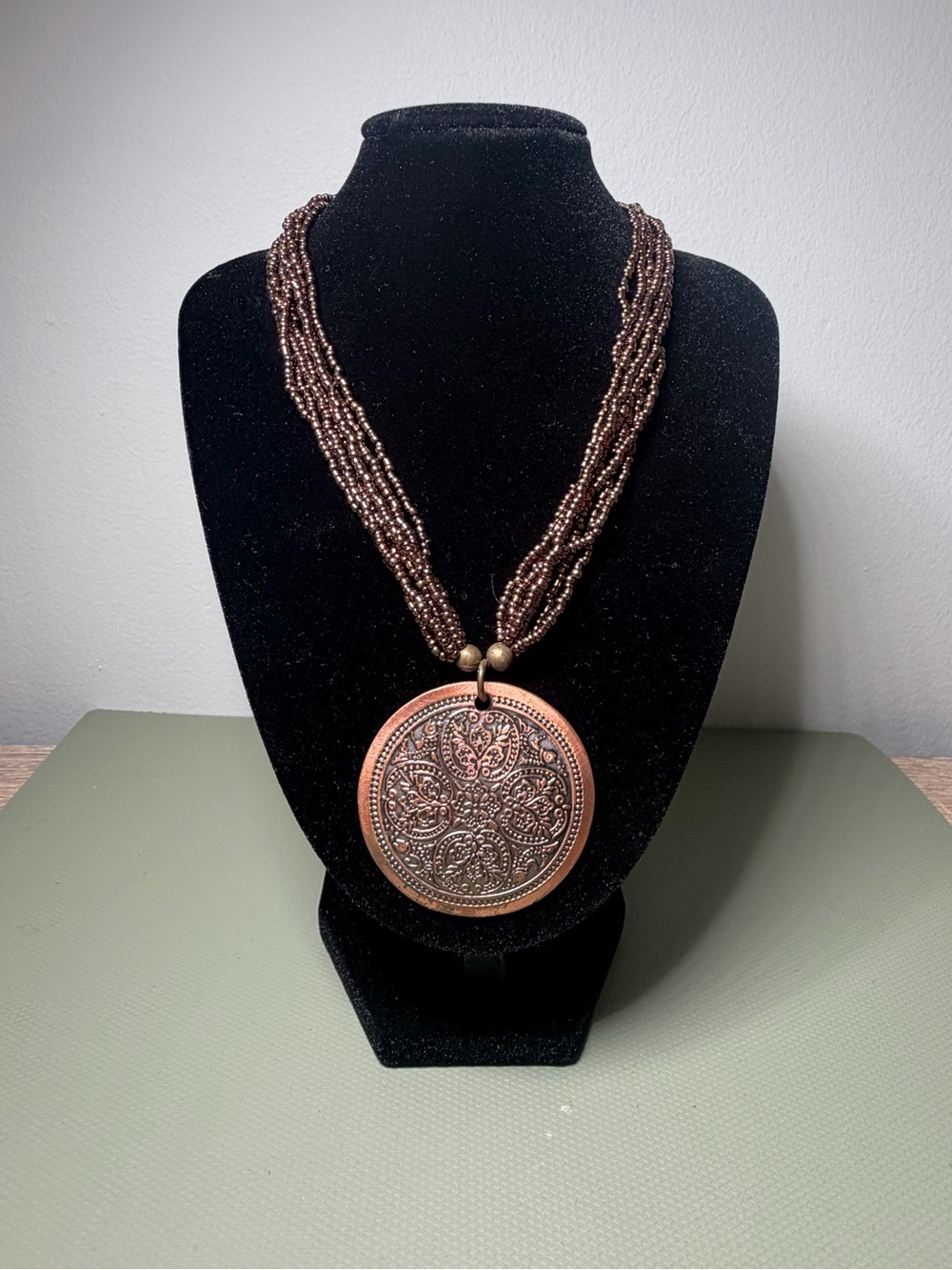 Boho Brown Beaded Necklace with Ornate Copper Pendant